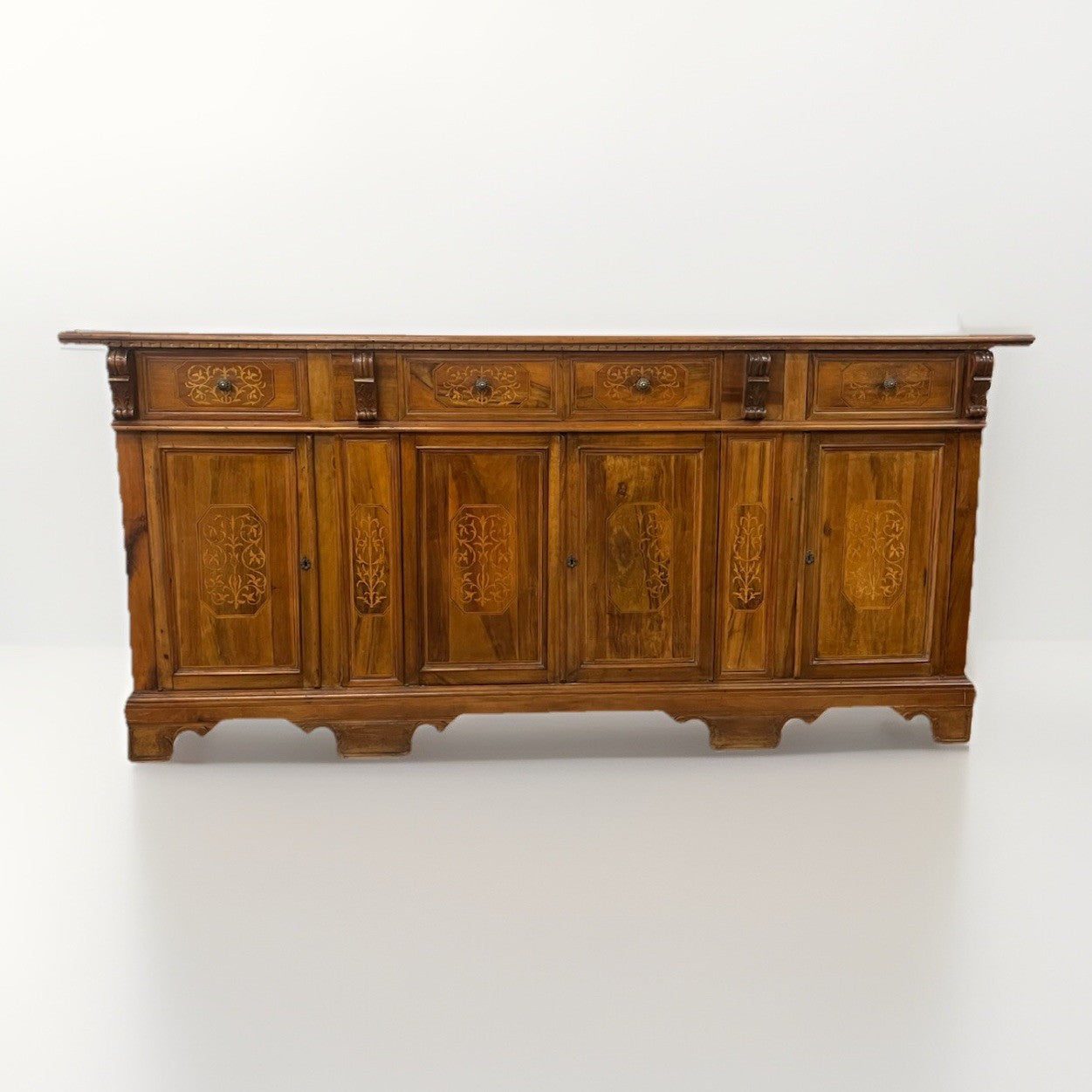 LARGE ITALIAN BURLED WALNUT & MARQUETRY SIDEBOARD, 94"L
