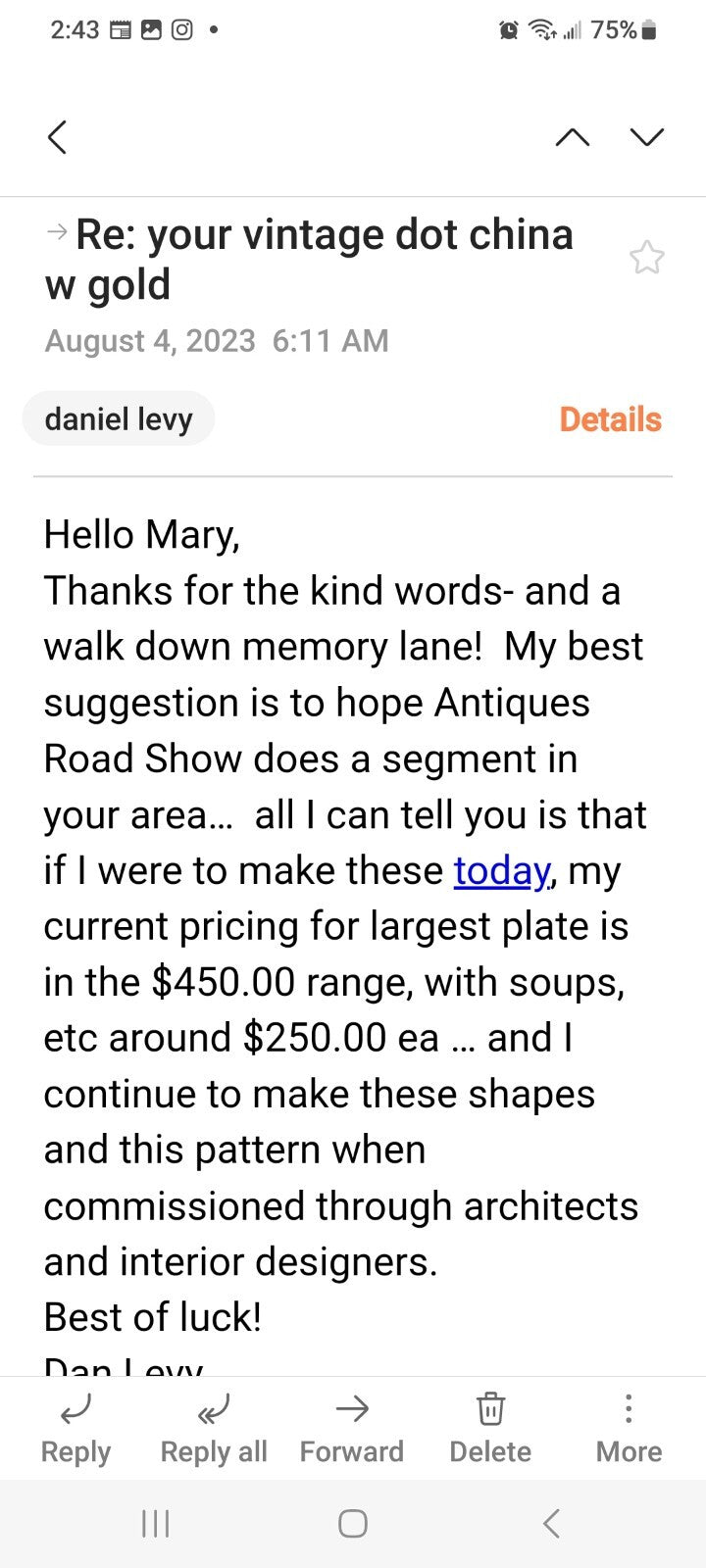 Dan Levy 1992 White & 22K Gold Handmade  Dinner Set of 24 Today $4700 Spot BH243