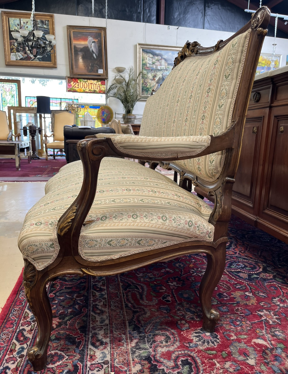 ANTIQUE FRENCH LOUIS XV CARVED & PARCEL-GILT UPHOLSTERED SALON SOFA COUCH SETTEE