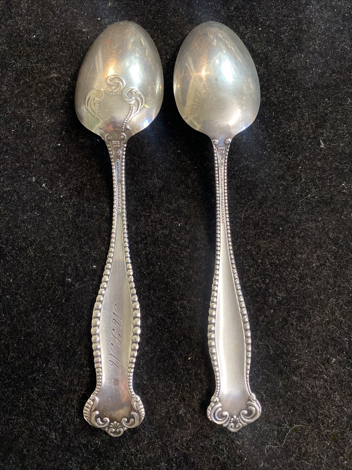 Pair of Towle Canterbury 5 3/4" Teaspoons 36.7g One Monogrammed 1893