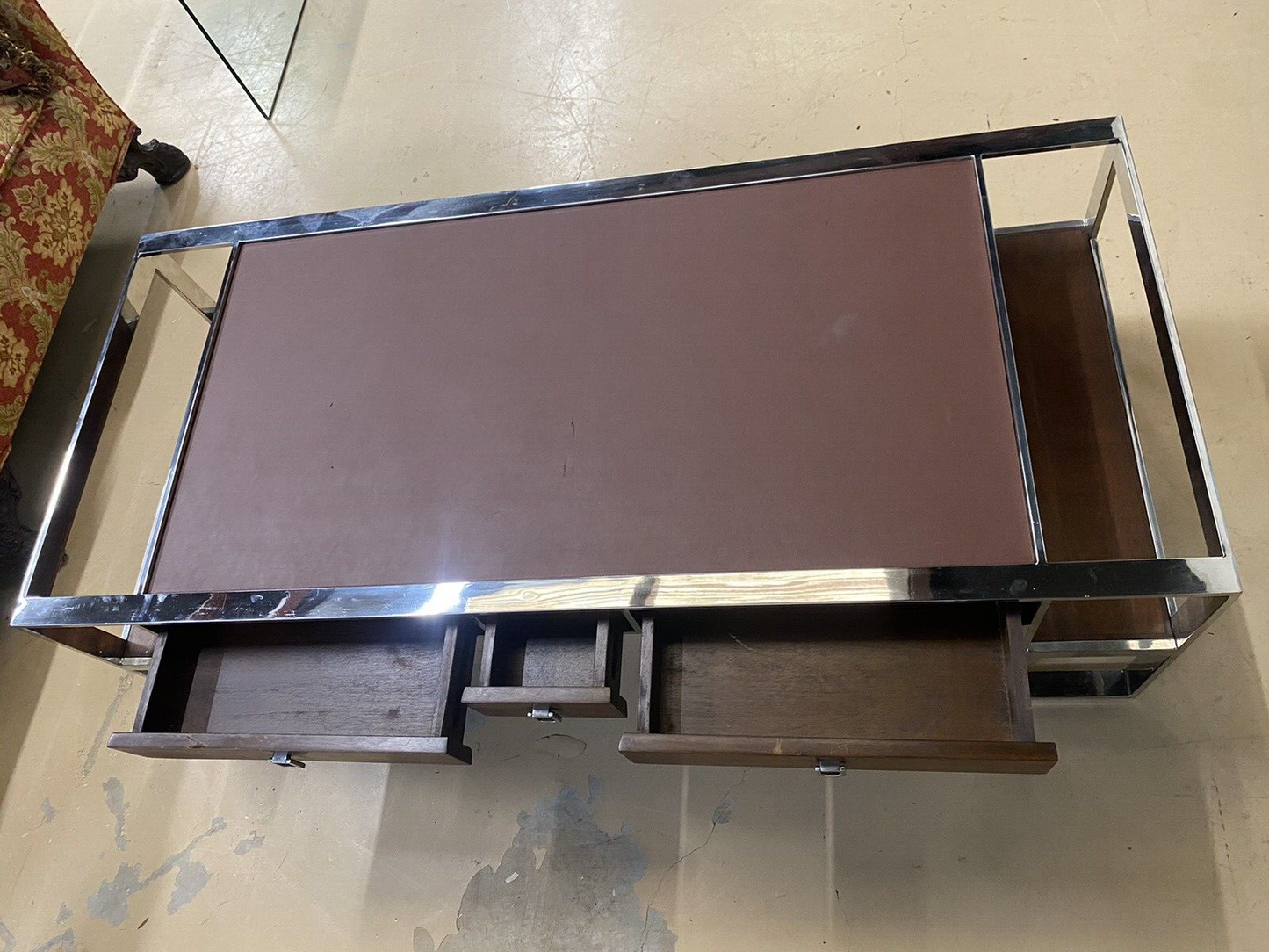 FRENCH MODERN CHROME & LEATHER COFFEE TABLE