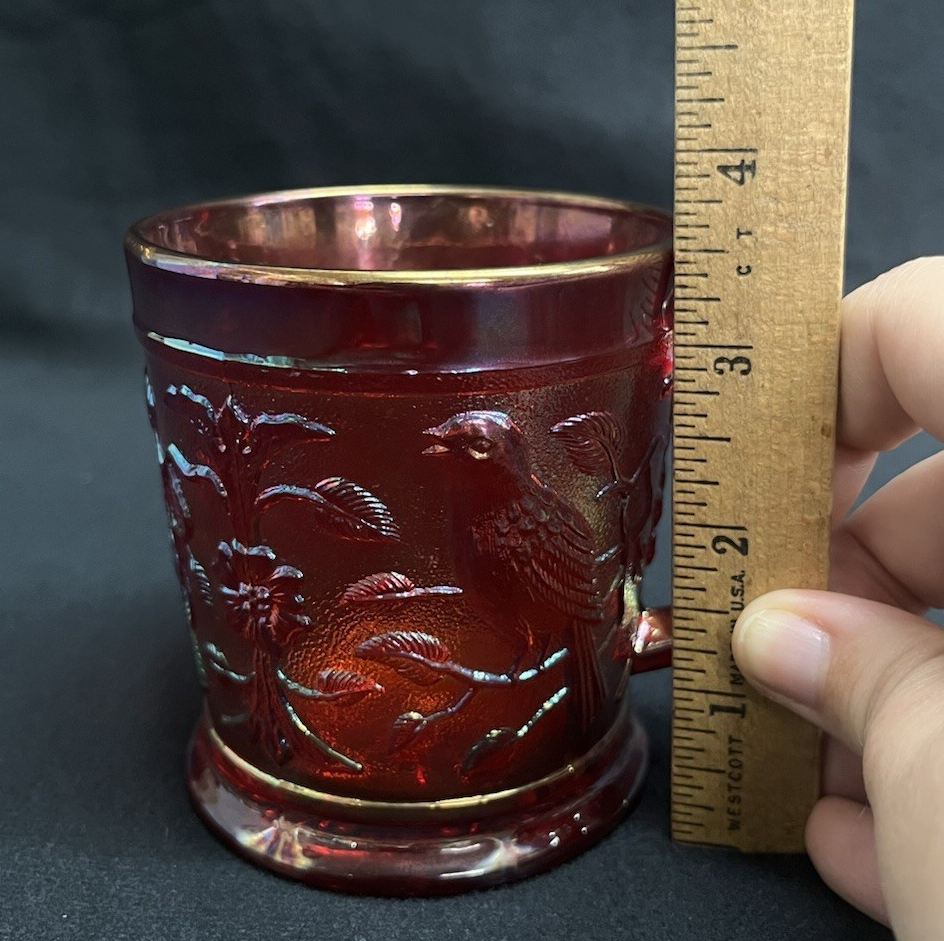 Vintage 1960s Imperial Glass OH Red Carnival Robin on Branch Mug 3.5"