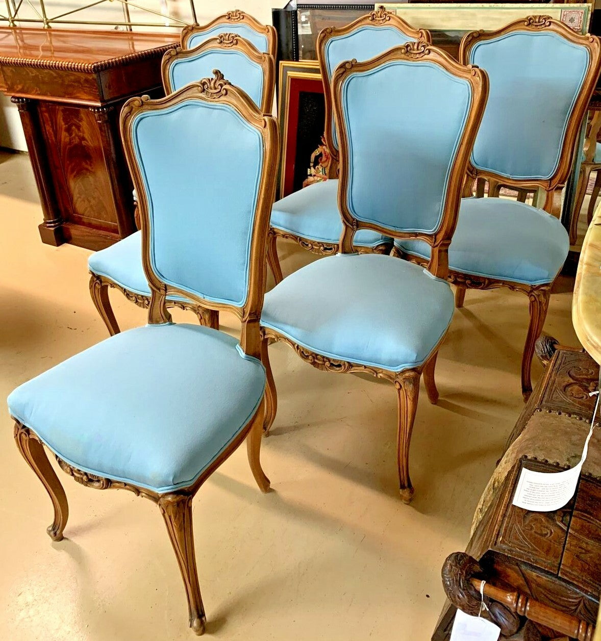 Set of 6 Louis XV style French Walnut Carved Side Chairs
