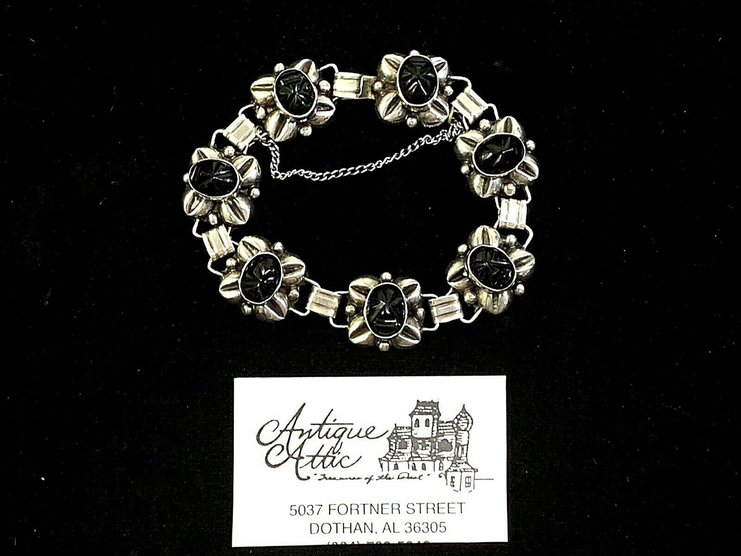 Vtg Taxco Signed Sterling Silver & Onyx 7 Link Bracelet  7 1/2" w Safety Chain