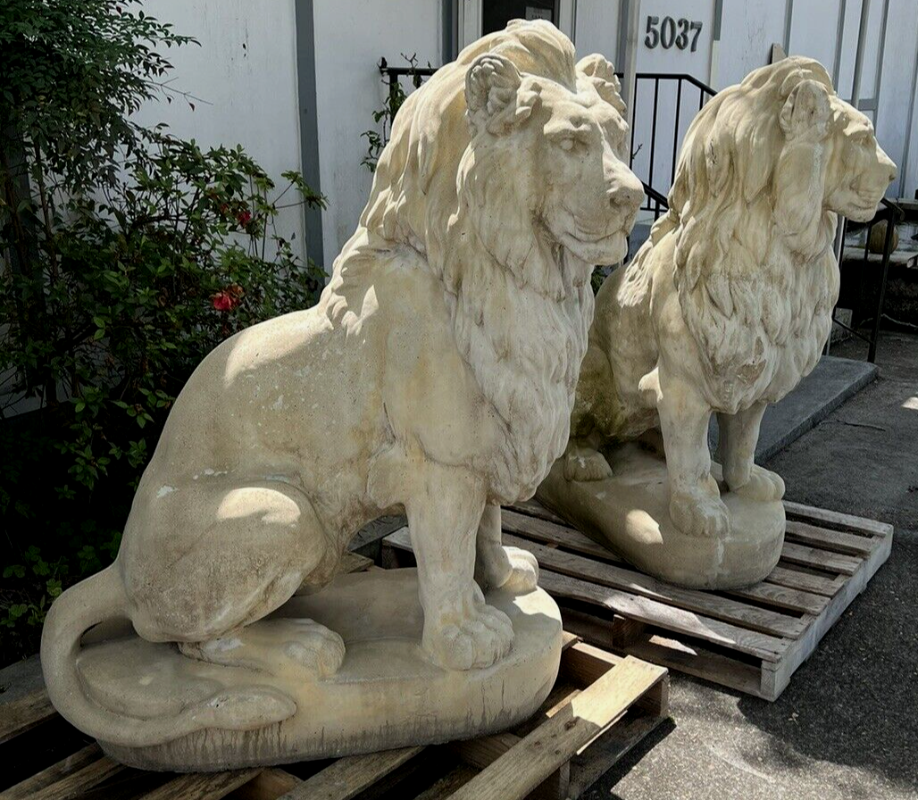 Full Size Large Pair of Belgian Cast Stone Entry Seated Lions Entrance Driveway