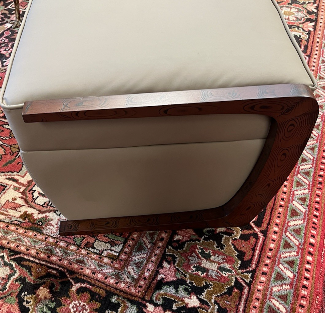 PAIR OF ART DECO STYLE UPHOLSTERED ARMCHAIRS & OTTOMANS