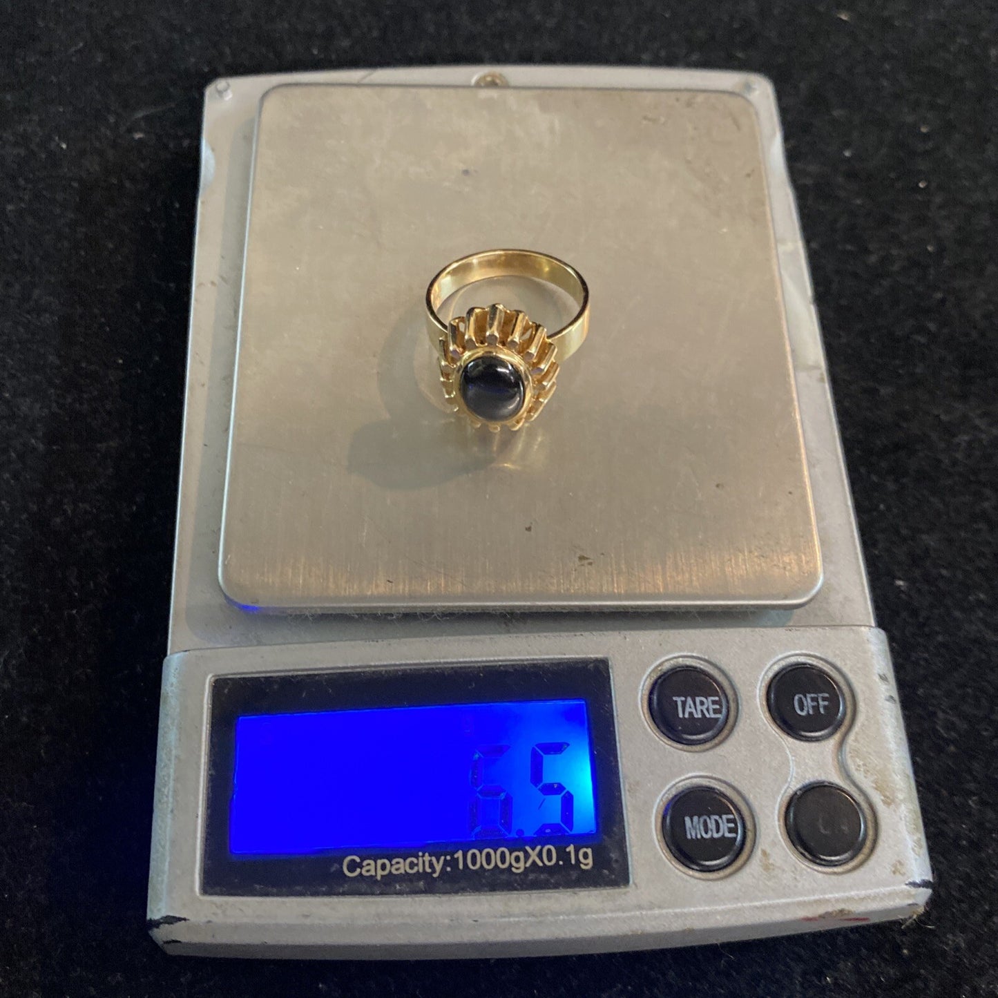 Vintage MCM 14k Yellow Gold Ring PMC Natural Black Cat Eye Gem 6.4 G Size 6.5