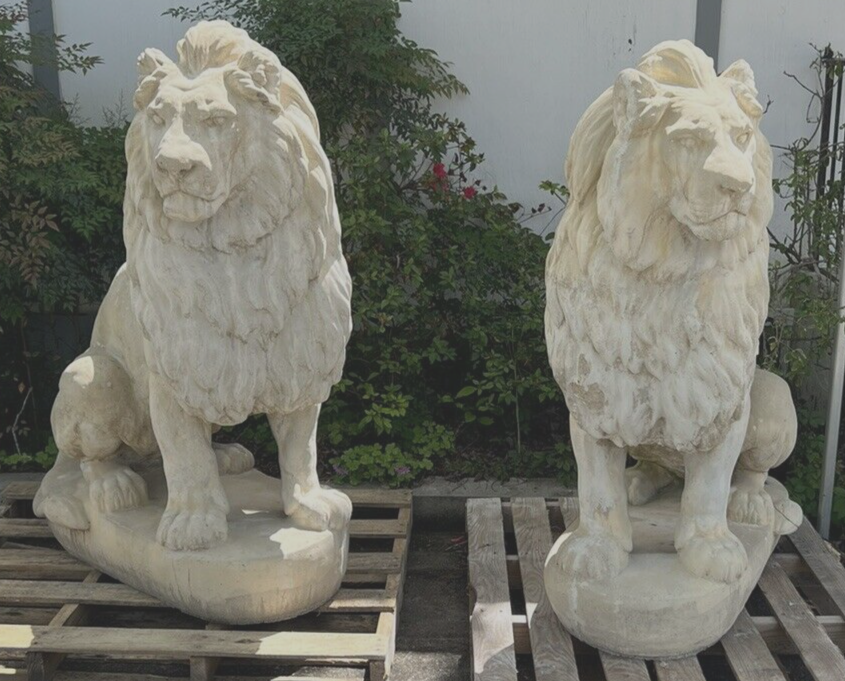 Full Size Large Pair of Belgian Cast Stone Entry Seated Lions Entrance Driveway