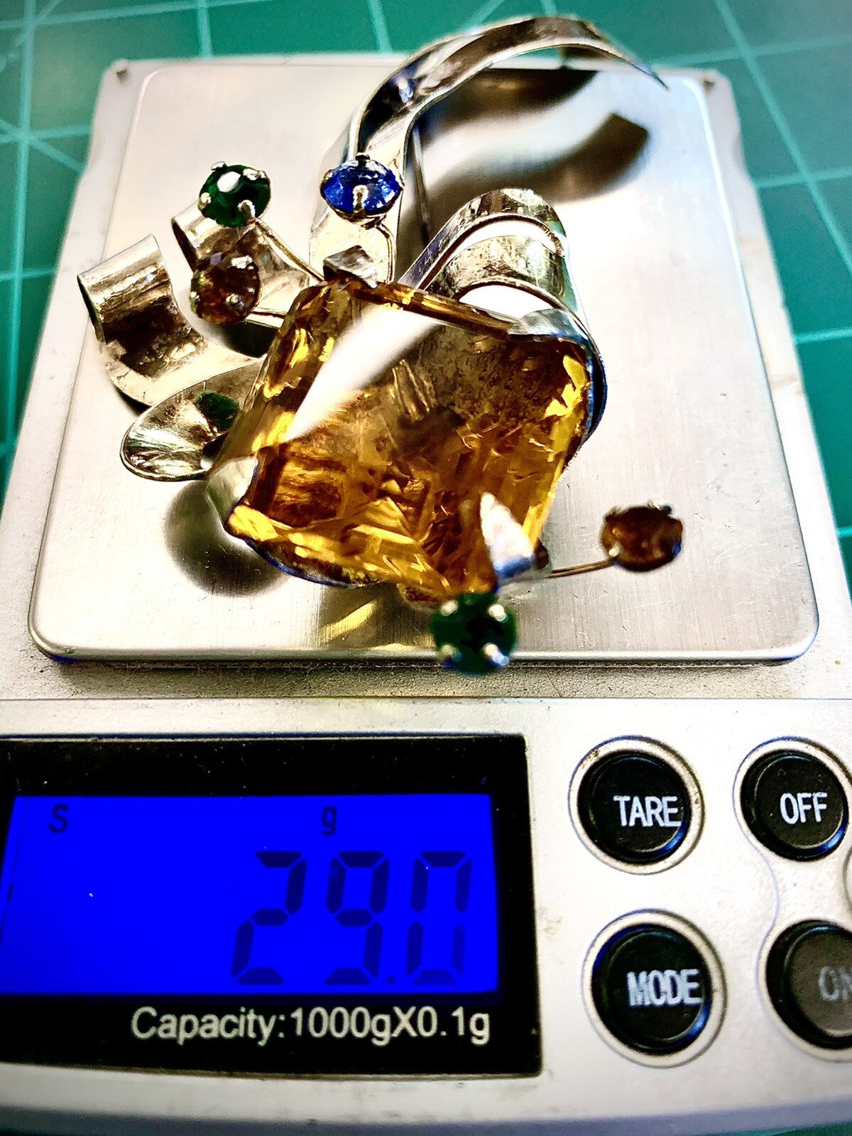 Large 1940's Floral Sterling Pin Brooch w. Large Glass Topaz Stone and more