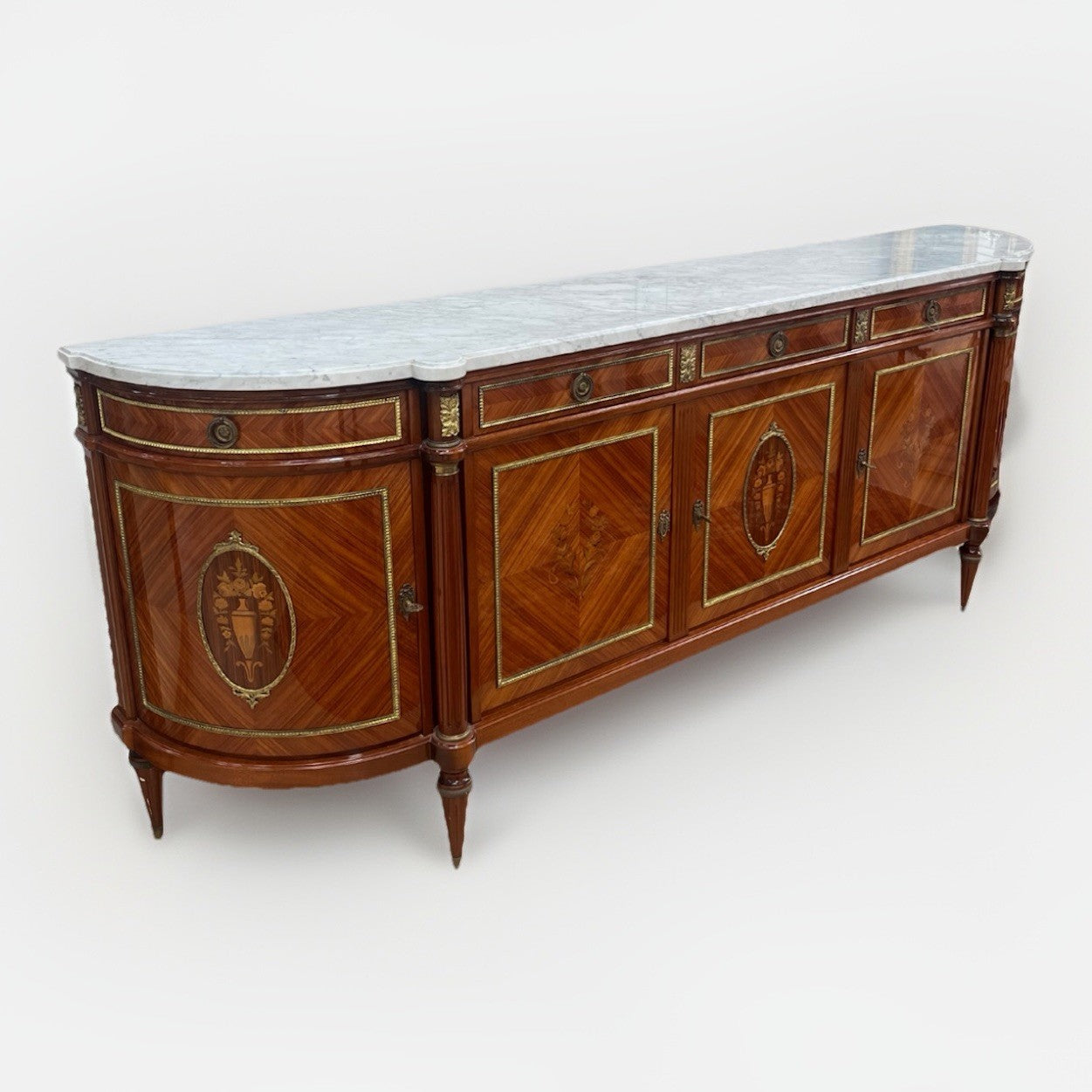 FRENCH LOUIS XVI MARBLE-TOP LACQUERED MARQUETRY DEMILUNE ENFILADE SIDEBOARD 105"