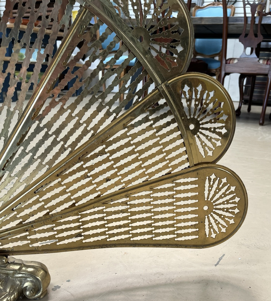 Antique Art Deco Gilt Gold Folding Fan Peacock Fire Screen CL10