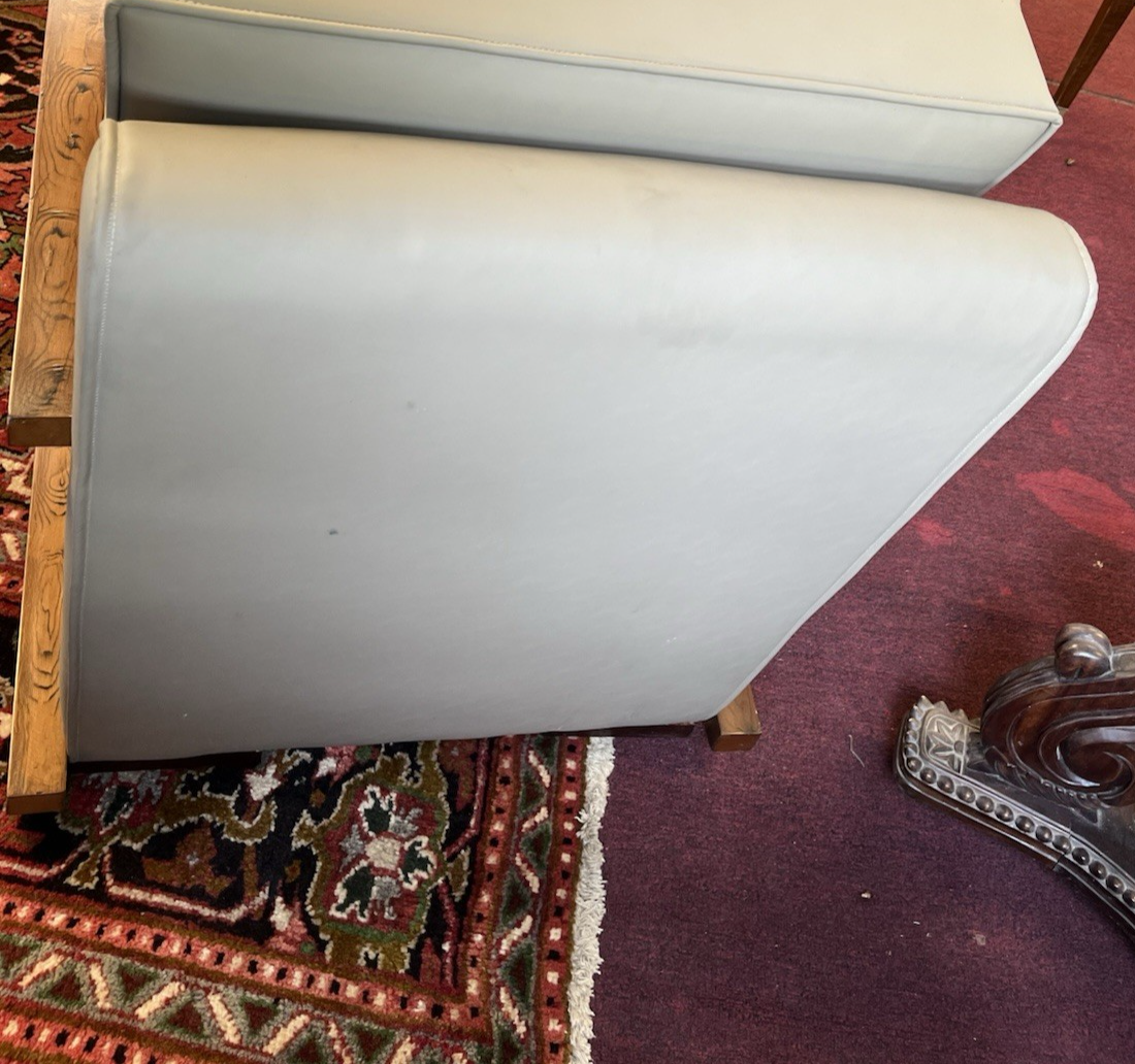 PAIR OF ART DECO STYLE UPHOLSTERED ARMCHAIRS & OTTOMANS