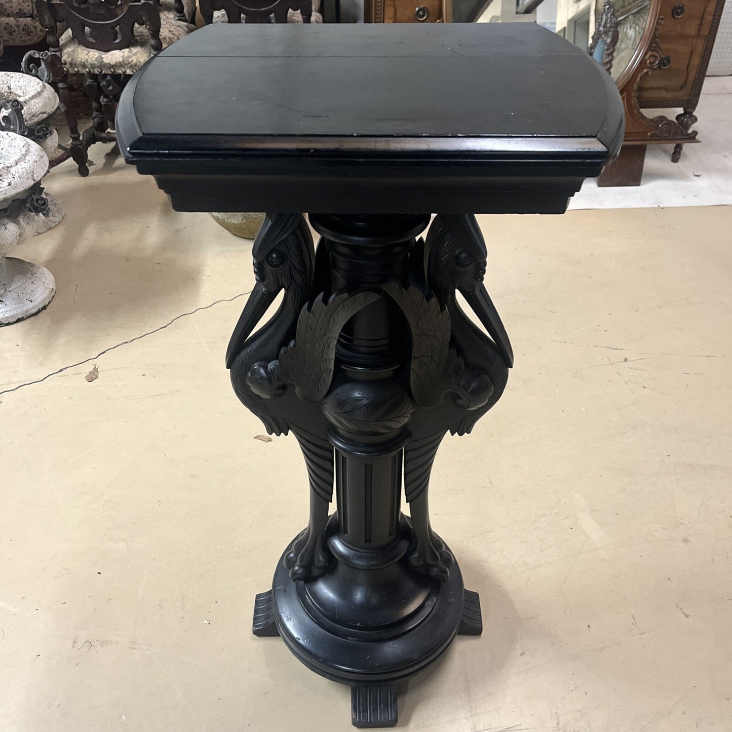 Antique Ebonized Black Wood Pedestal Plant Stand 2 Cranes FS16