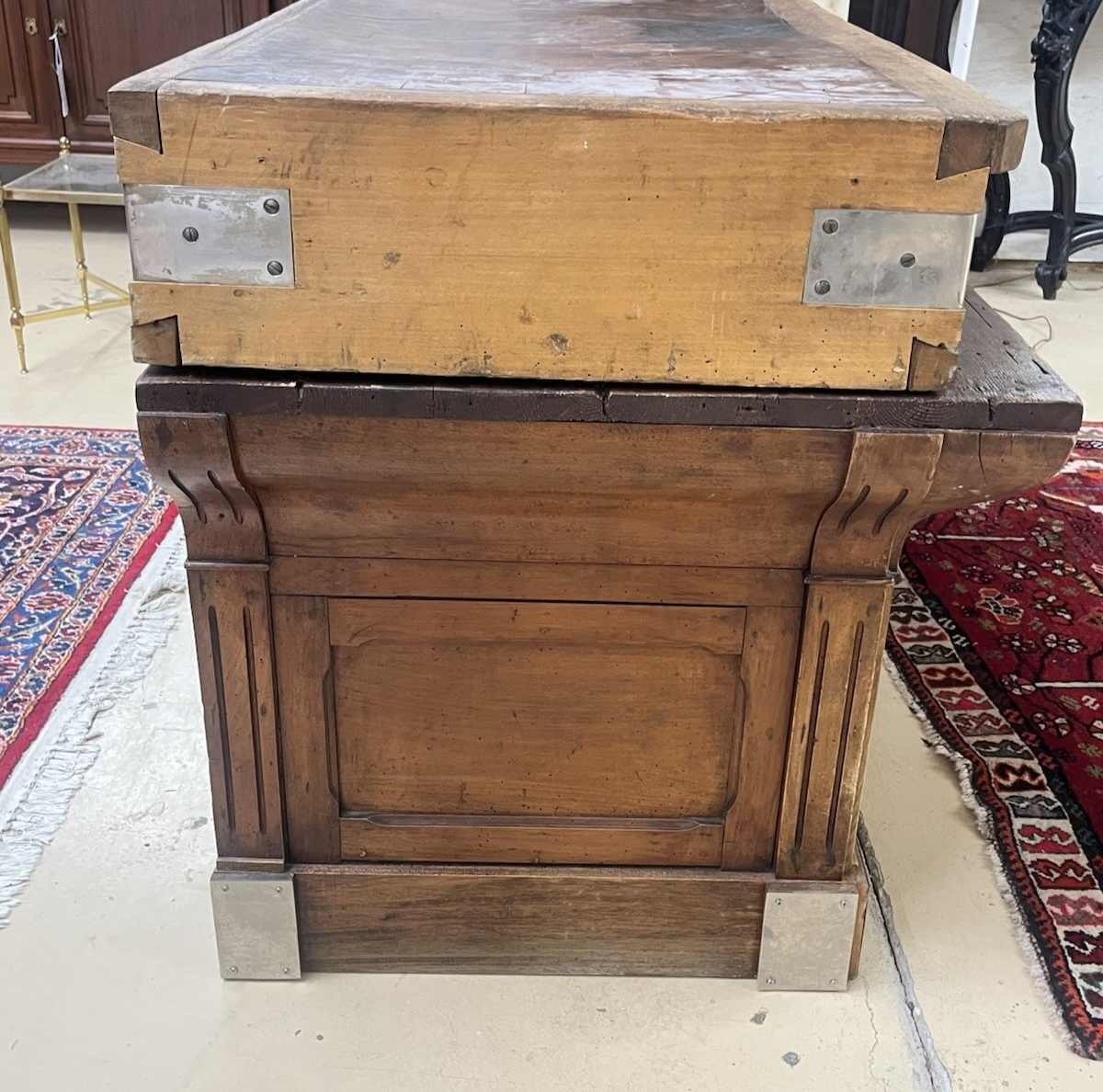 ANTIQUE FRENCH CARVED MIXED WOOD BUTCHER'S BLOCK WORK TABLE ISLAND 61" x 21"