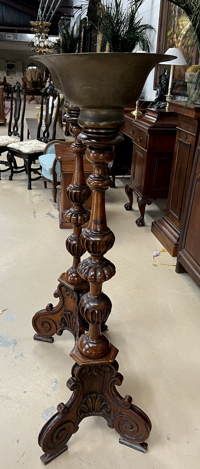 Pair of Antique French Oak Tall Pedestals brass planters jardinière entryway