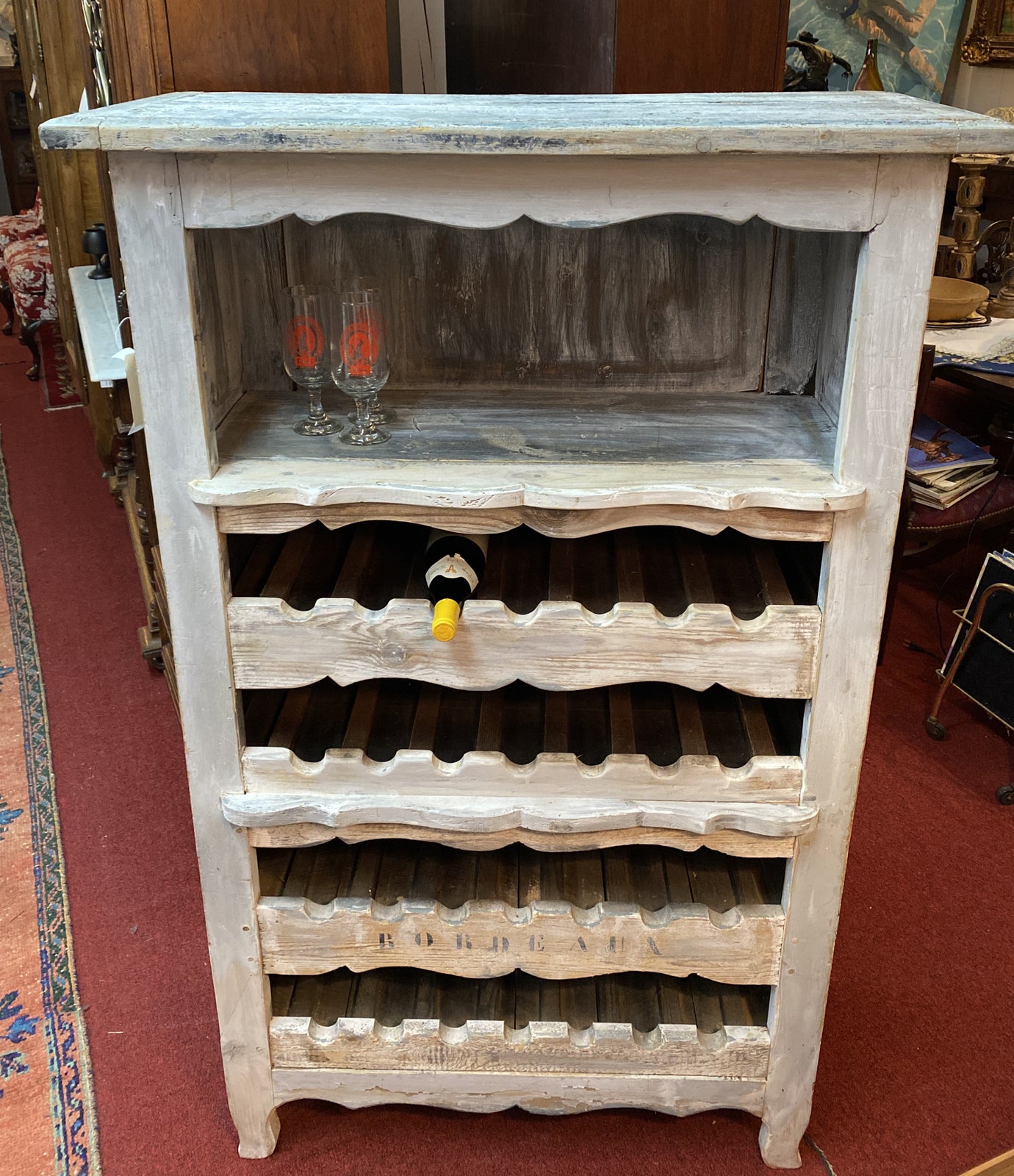 Antique Painted French Provincial Wine Cabinet Bar Rack 28 Bottles Bordeaux