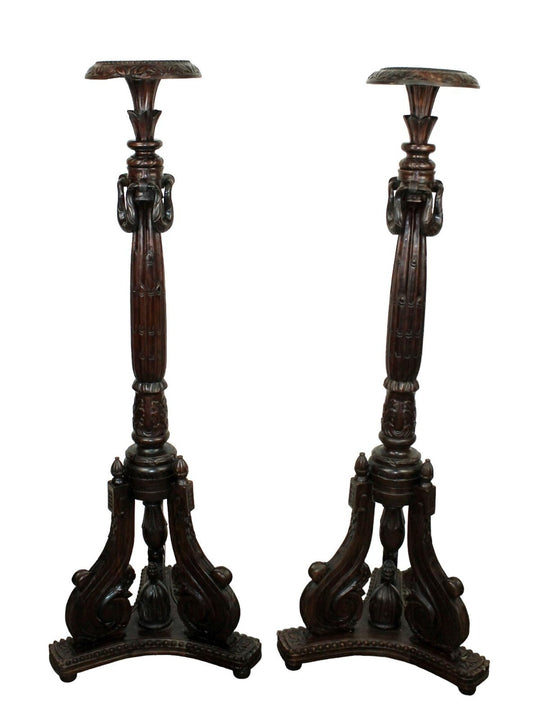 Pair of Classical Carved Mahogany Pedestal Plant Stands H 5 ft Scroll Base