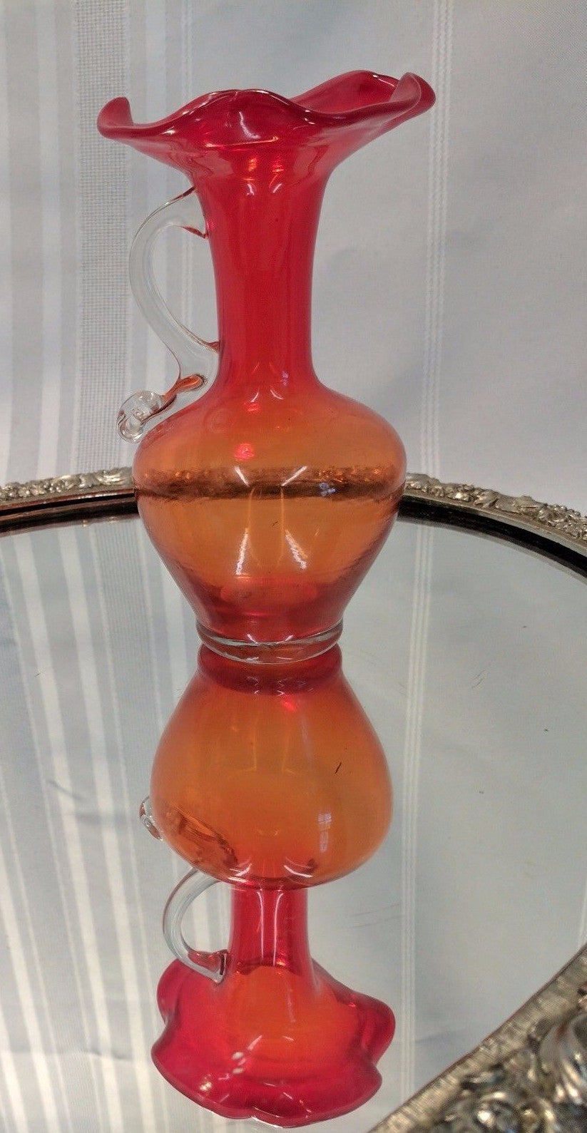 Vintage Hand Blown Art Glass Tangerine/ Amberina Pitcher w Handle Ruffled Top