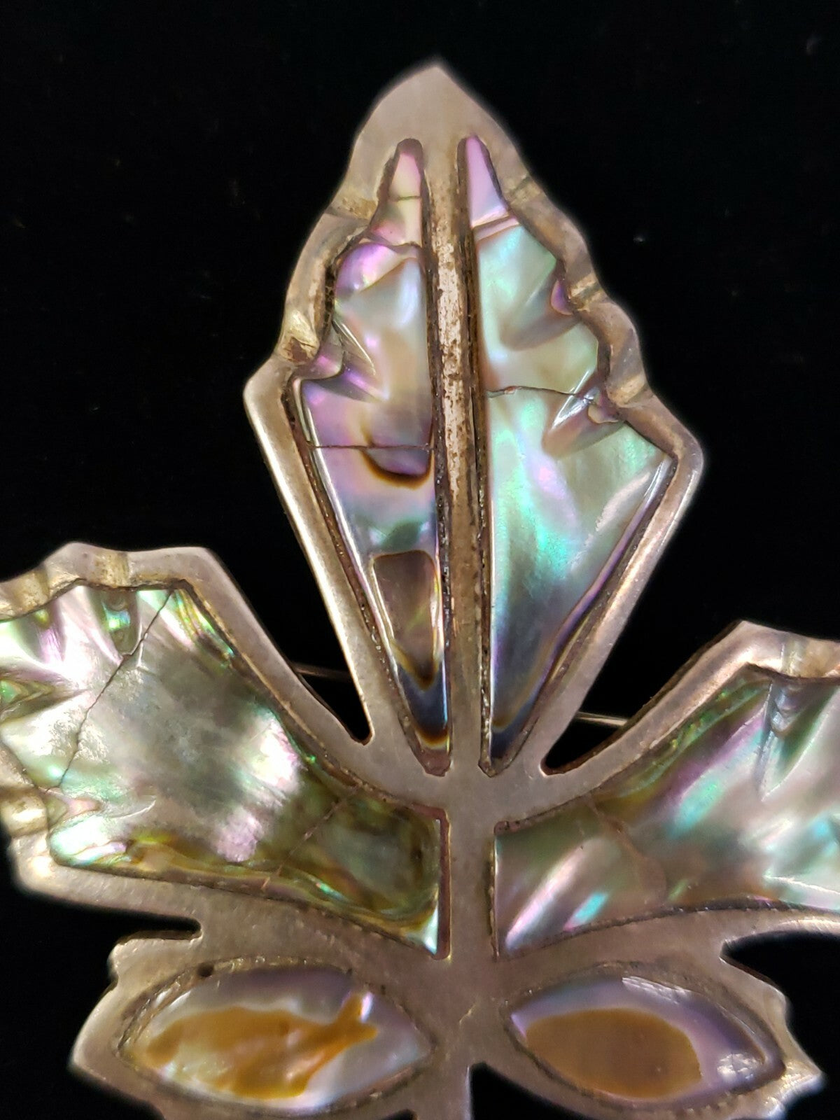 Vintage Signed Jose NS Taxco 925 Sterling Silver Abalone Maple Leaf Brooch