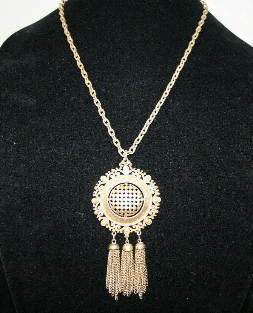 LISNER Goldtone Pendant Runway Necklace  24 INCH LONG DROP  WITH TASSEL 4 INCH