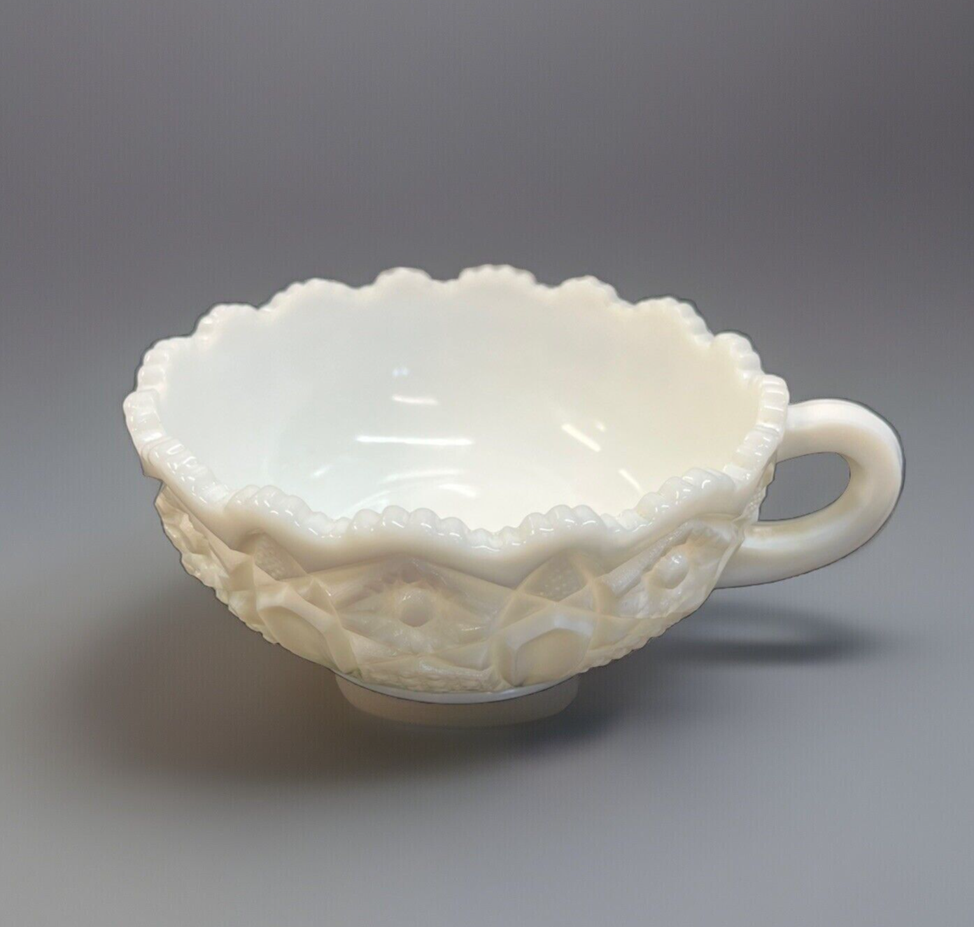 Nappy Bowl with Handle White Milk Glass L E Smith Quintec Pattern