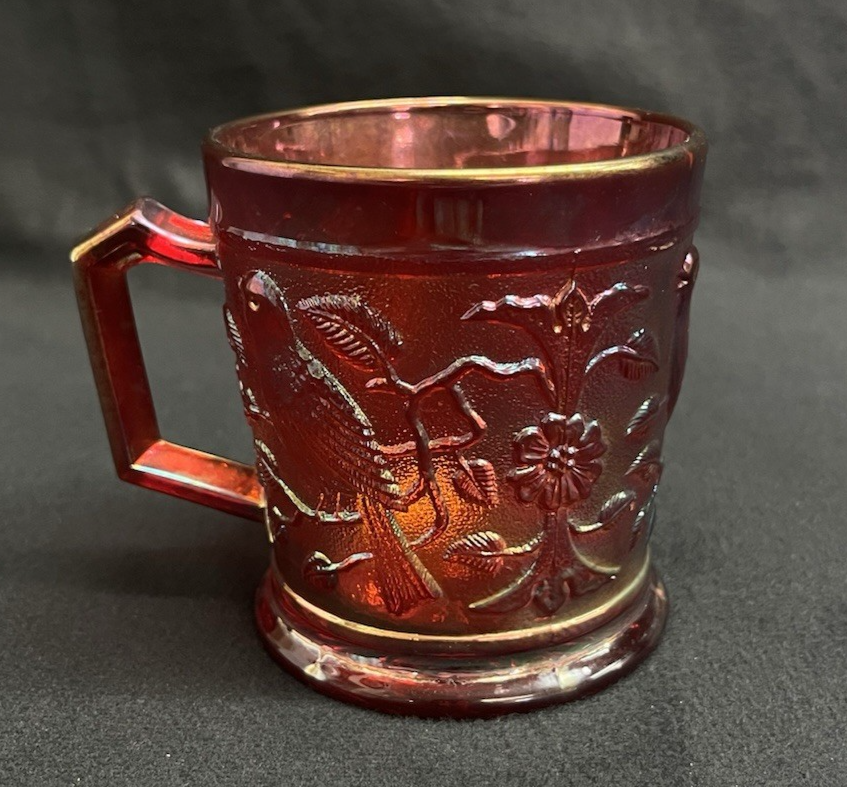 Vintage 1960s Imperial Glass OH Red Carnival Robin on Branch Mug 3.5"
