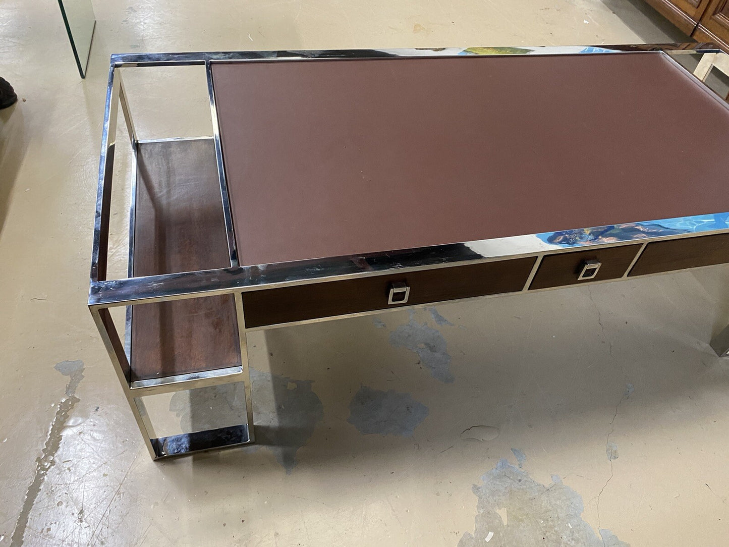 FRENCH MODERN CHROME & LEATHER COFFEE TABLE