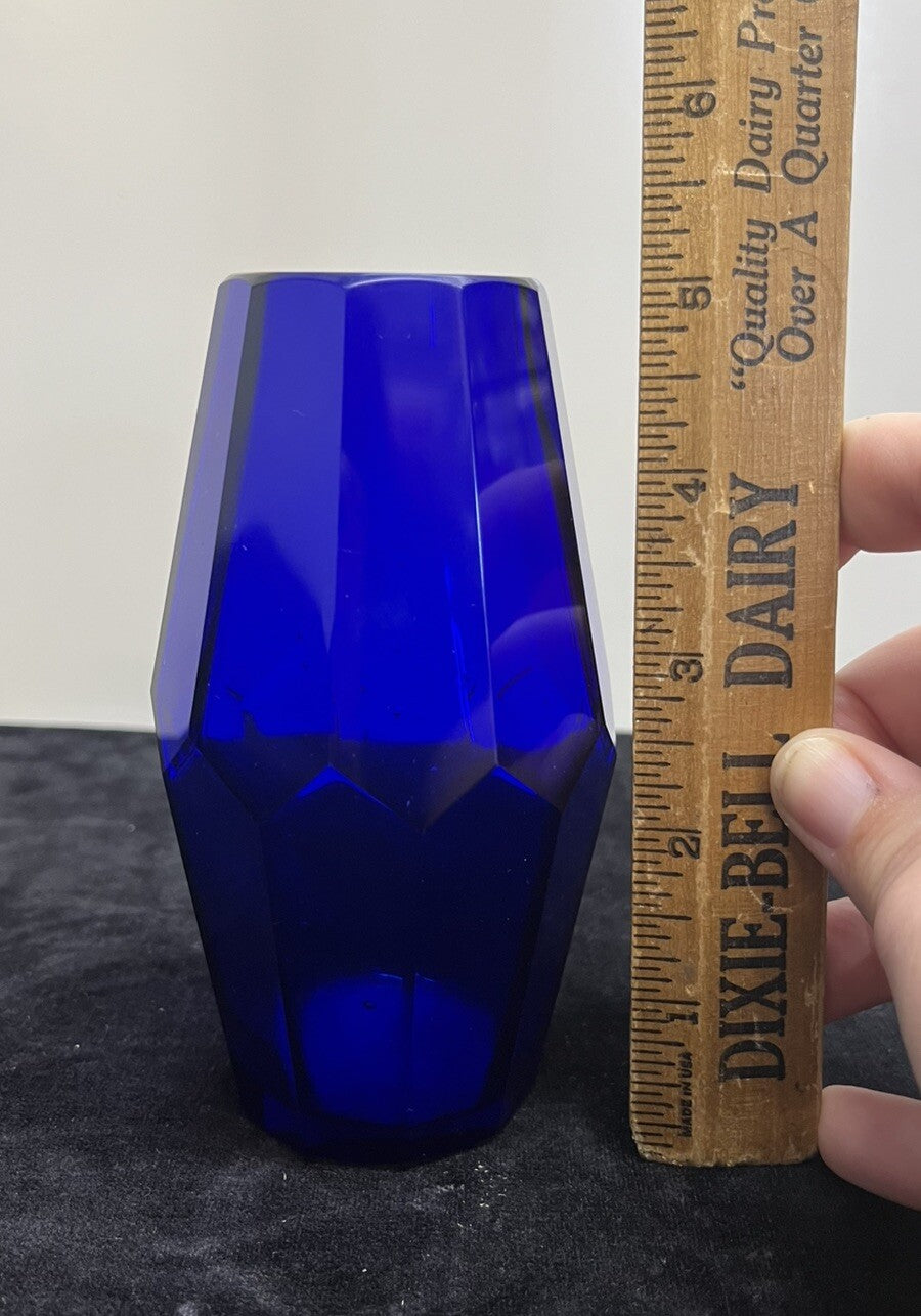 Cobalt Art Glass Faceted Vase H 5 1/2" Beautiful
