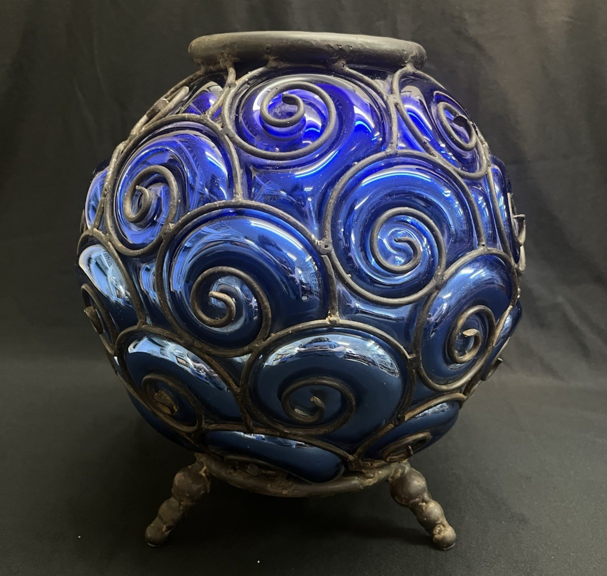 Murano Style Round Cage Bubble Blown Cobalt Blue Iridescent Glass Sculpture 13"