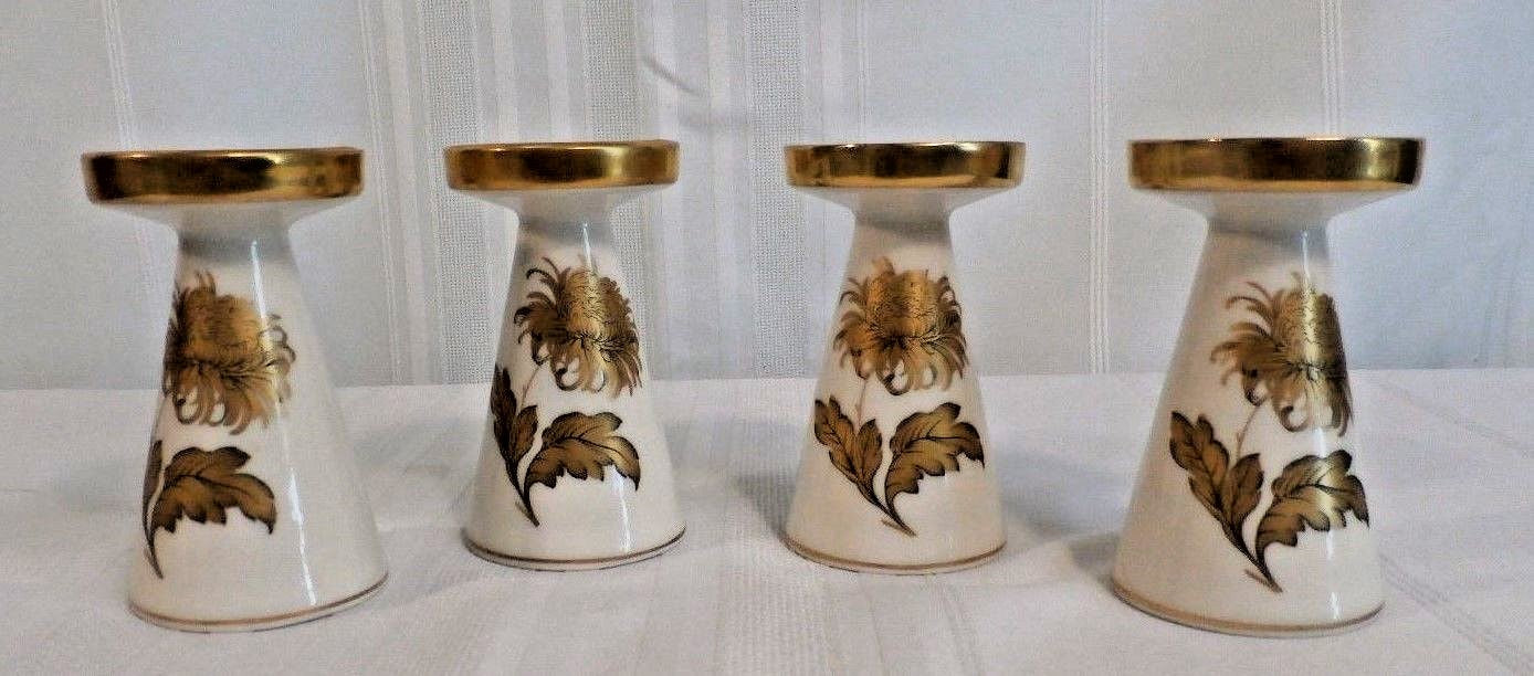 LINDNER KUEPS BAVARIA Chrysantheme Set of 4 Single Candlesticks Ivory & Gold