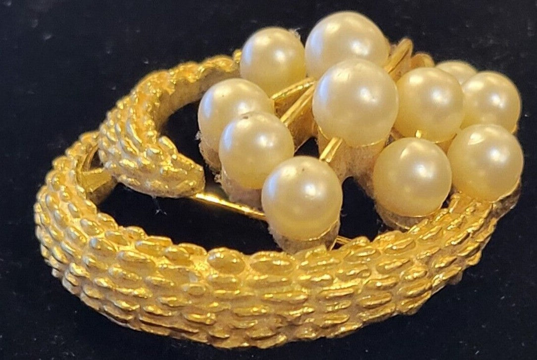 vintage signed  Crown Trifari Brooch. Gold Tone Metal, Faux Pearls 1 3/4" 1950"s