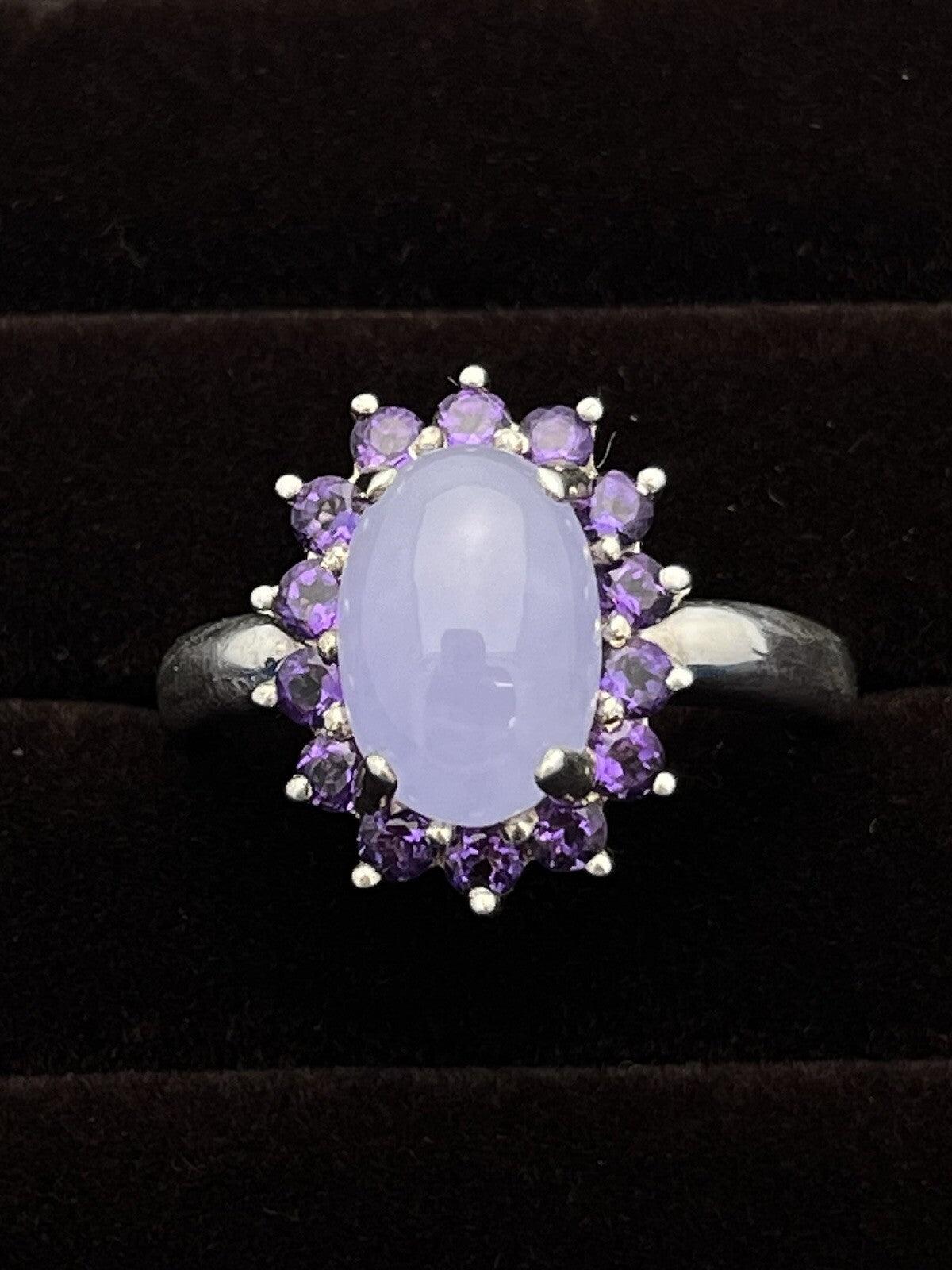 Sterling Silver Lavender Jade Ring with Halo of 14 Amethyst