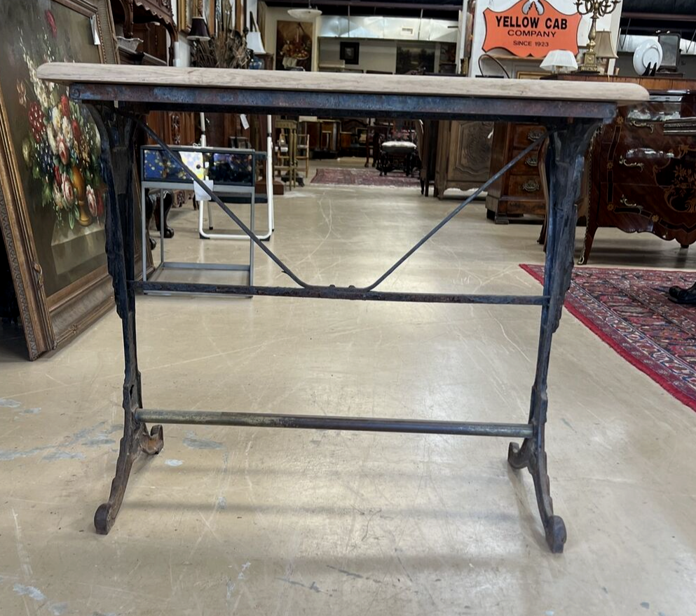 Antique French Art Deco bistro table w/ cast iron base natural white oak top