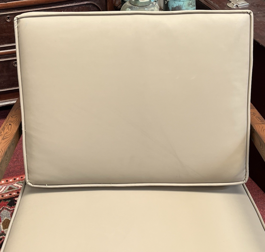 PAIR OF ART DECO STYLE UPHOLSTERED ARMCHAIRS & OTTOMANS