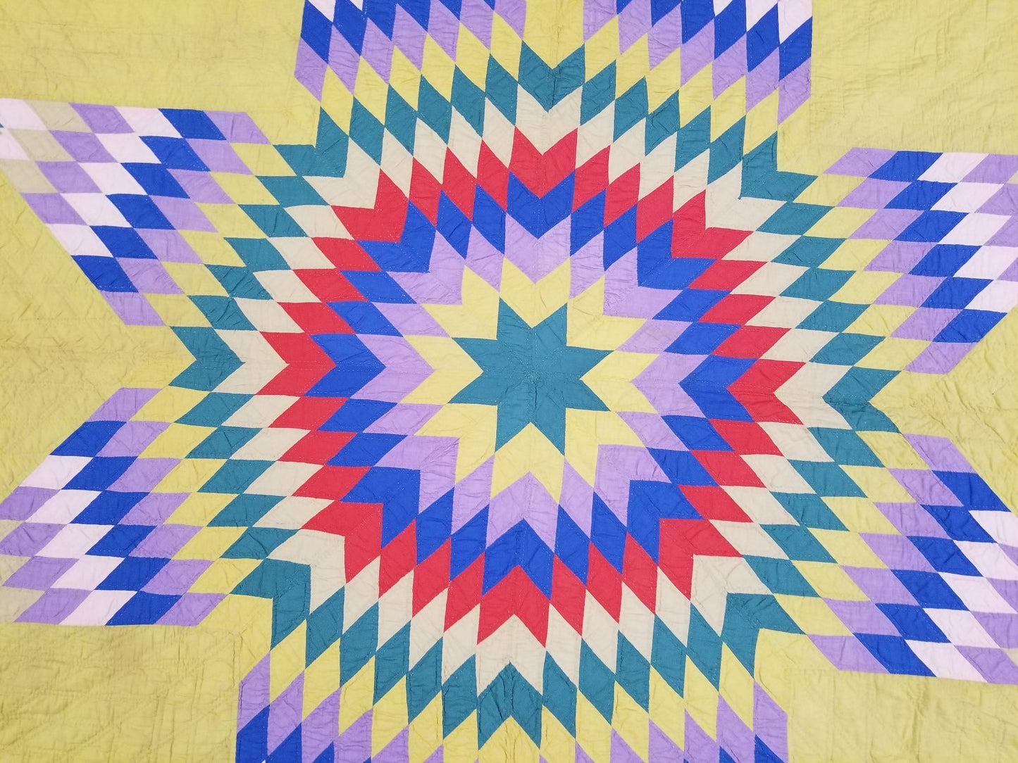 HANDSTITCHED PATCHWORK DIAMOND PATTERN QUILT BEDSPREAD 65" x 77" early 1900's AL