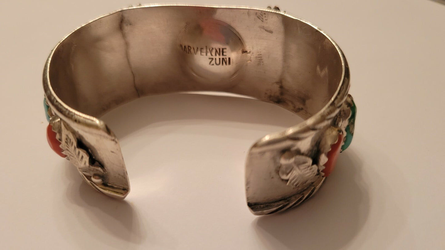Sterling Silver Turquoise & Coral Watch Cuff by Zuni Artist Marvelyne Cheama 56g
