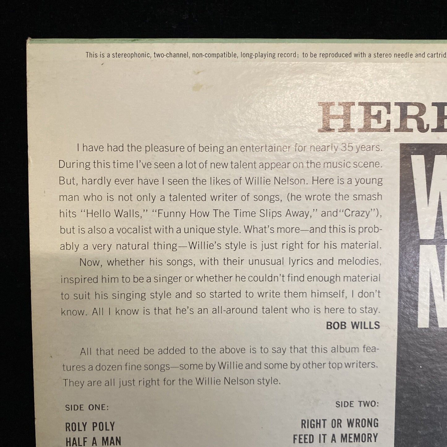 First Pressing Willie Nelson "Here's Willie Nelson" 1963 Stereo Liberty LST-7308