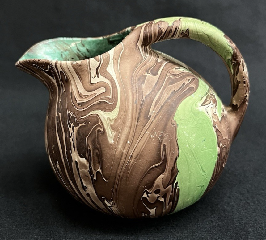 Vintage Nemadji Dessert Pottery Brown and Green Swirl Creamer Glazed Interior