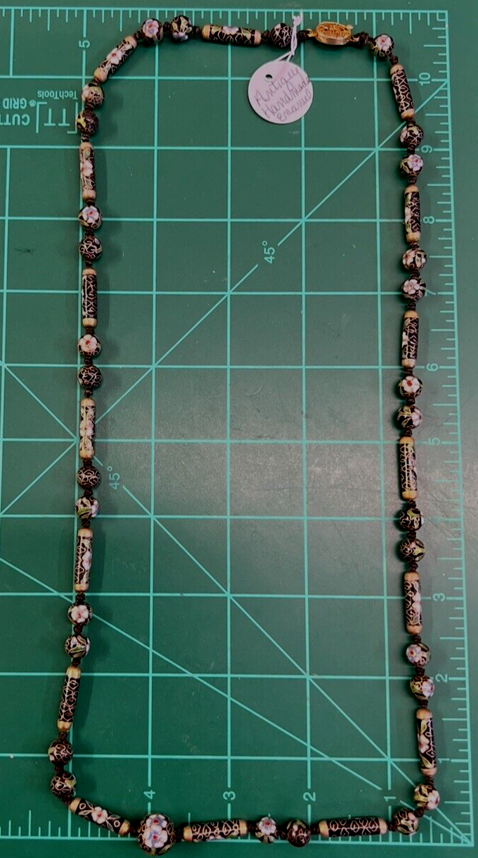 Antique Handmade 30" Cloisonne Necklace Hand Painted Black Enamel Floral Design