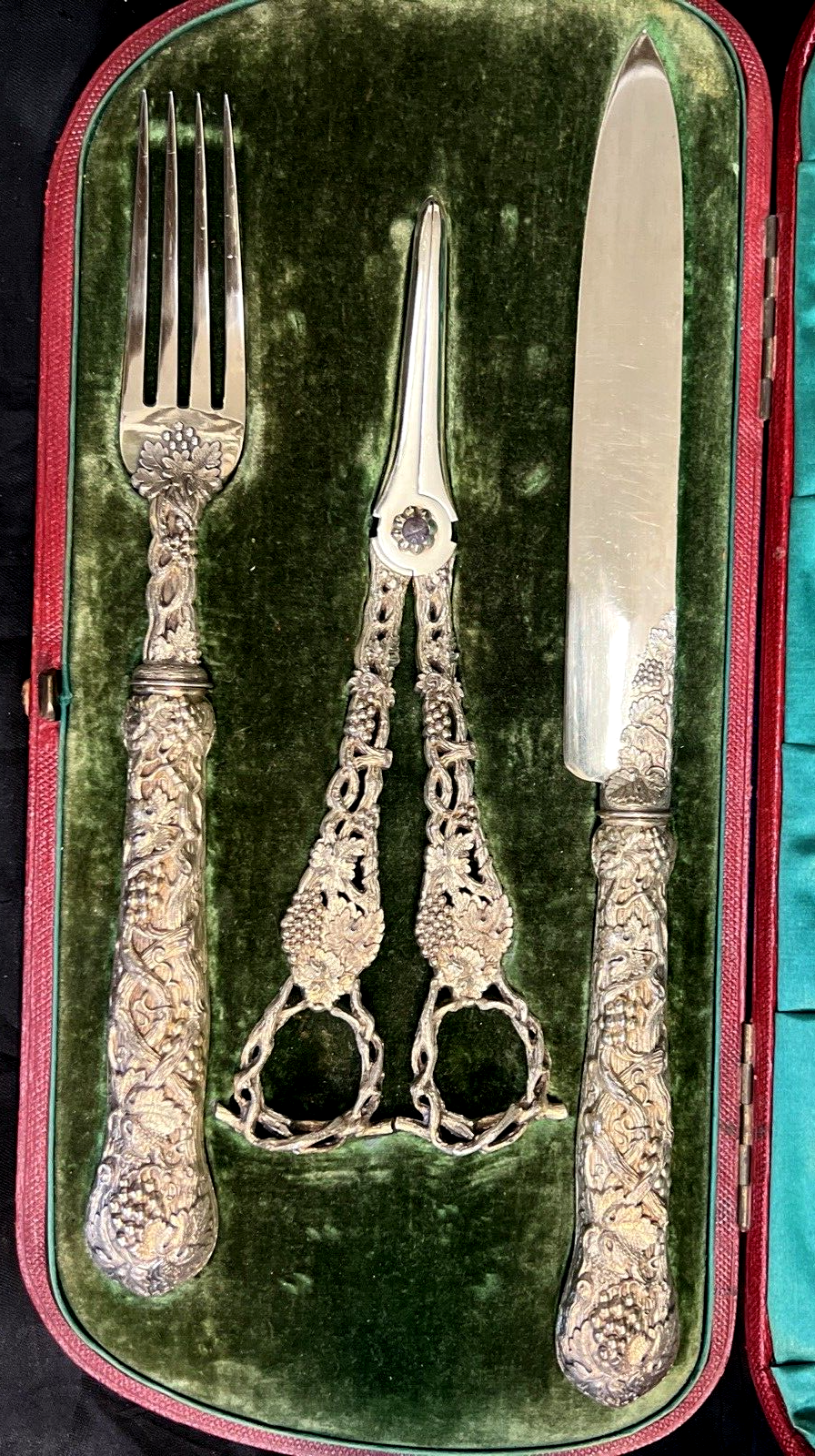 Ornate Gilt 3 Piece Dessert Set F Higgins Sterling Silver London 1896