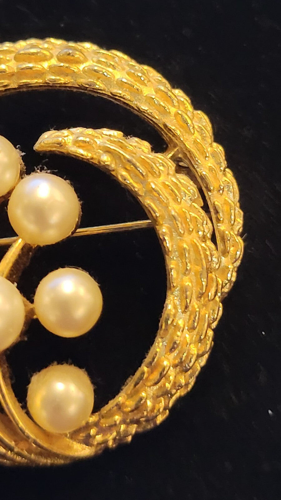 vintage signed  Crown Trifari Brooch. Gold Tone Metal, Faux Pearls 1 3/4" 1950"s