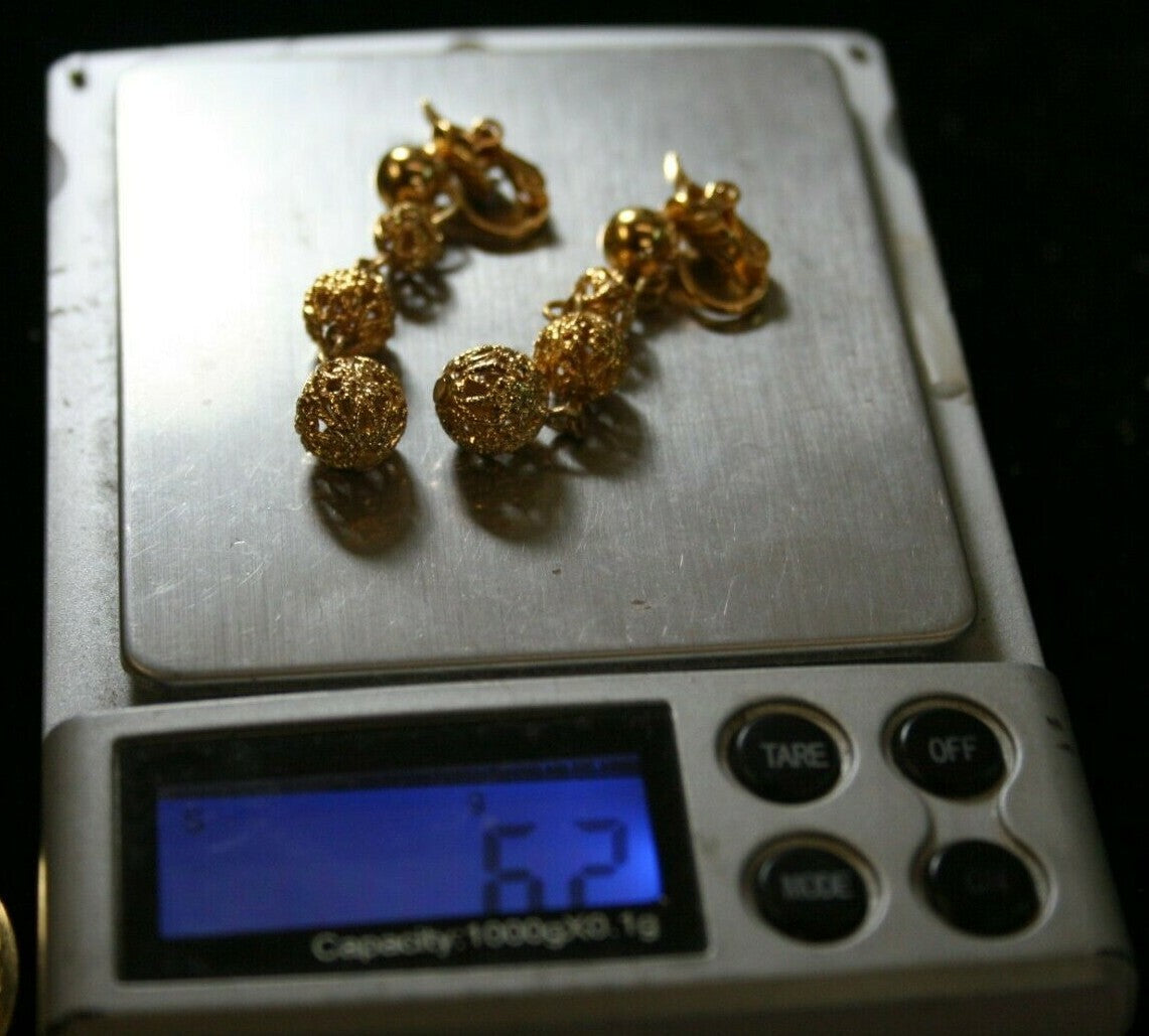 Two Pair  Vintage Trifari Gold Plated Clip Earrings Filigree Hoop & Dangles