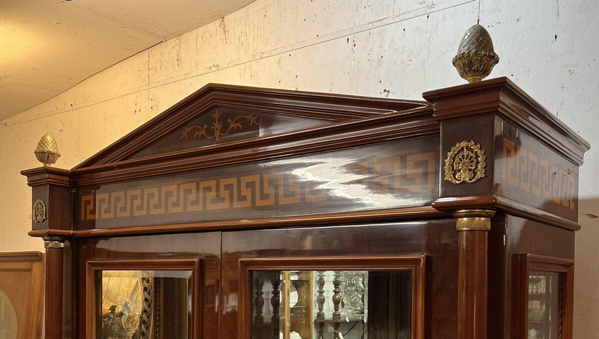 French Empire 2 Door Cabinet w Glass Shelves Inlaid Designs