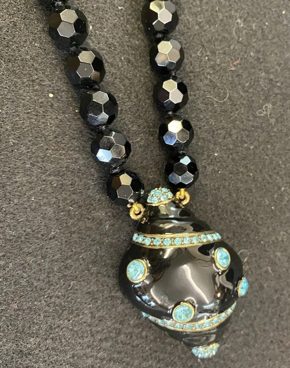 Heidi Daus Black Enamel Aqua Rhinestone Seashell Pendant Necklace