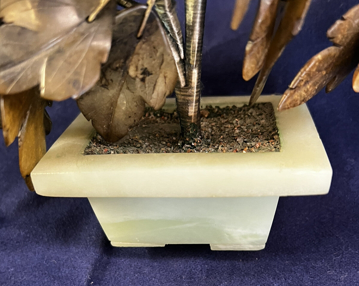 Chinese Tree of Life Bonsai Floral Mid Century Modern Jade Rose Quartz Agate 10"