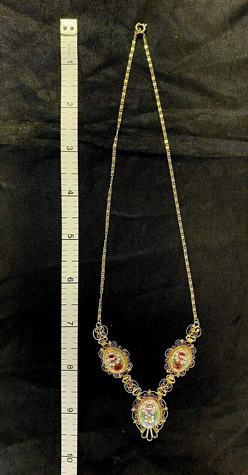Antique Italian Grand Tour 3 pc Micromosaic & Filigree Pendant Necklace 18"