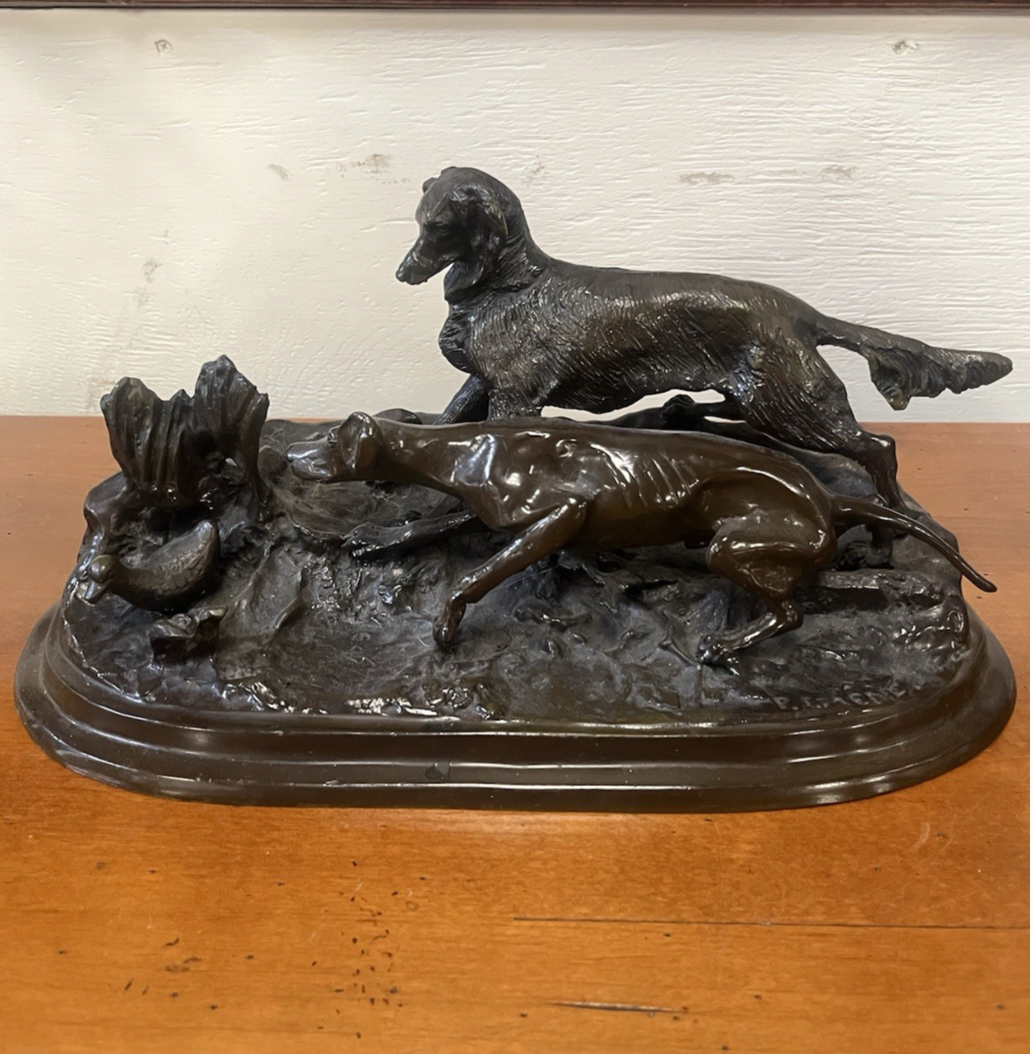Signed Pierre-Jules PJ Mêne Bronze Hunting Hounds Dogs Duck Sculpture 16" PB10