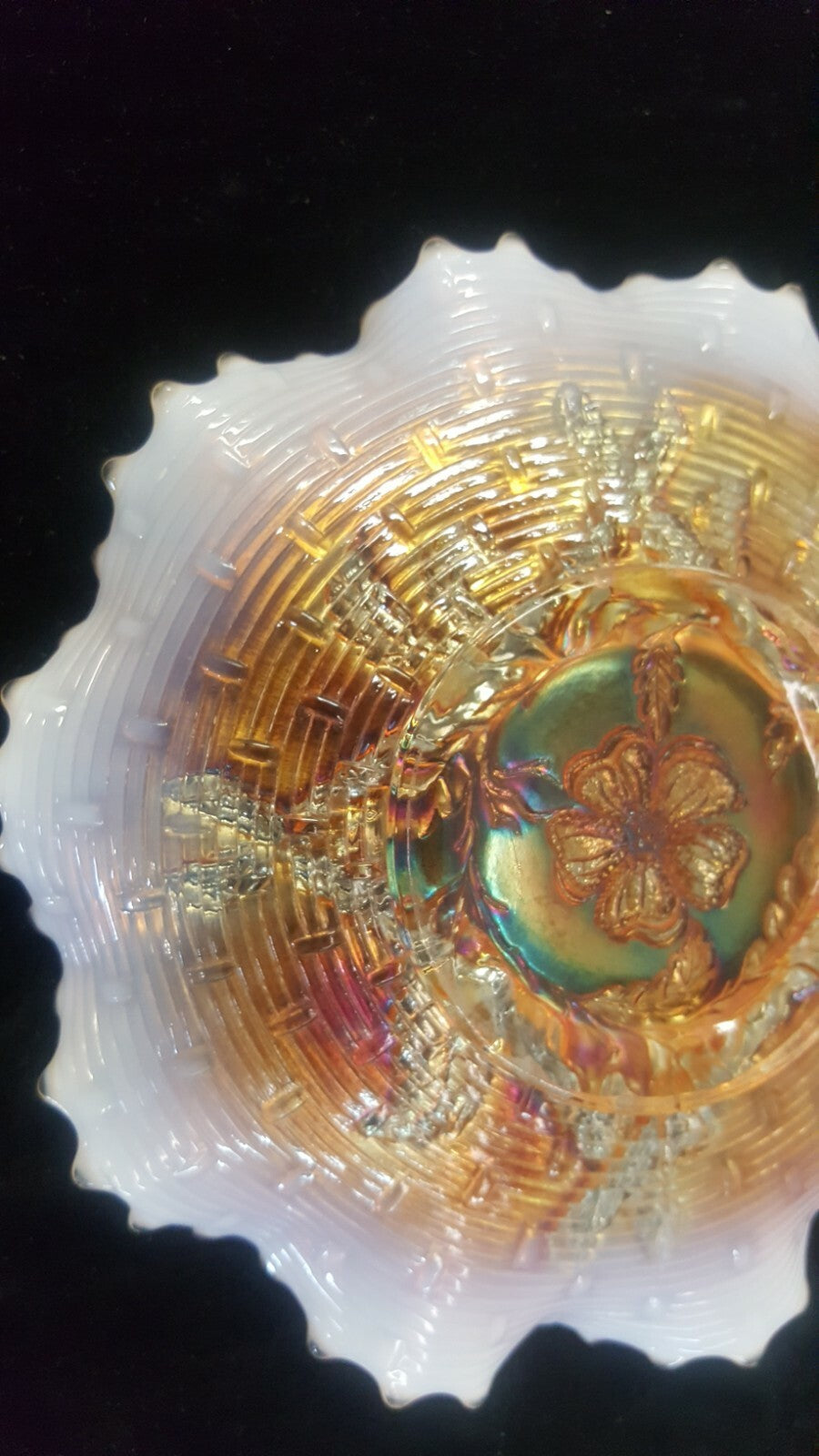 Antique Vintage Apple Blossom Twigs Marigold Carnival Glass Dugan Plate 1900s