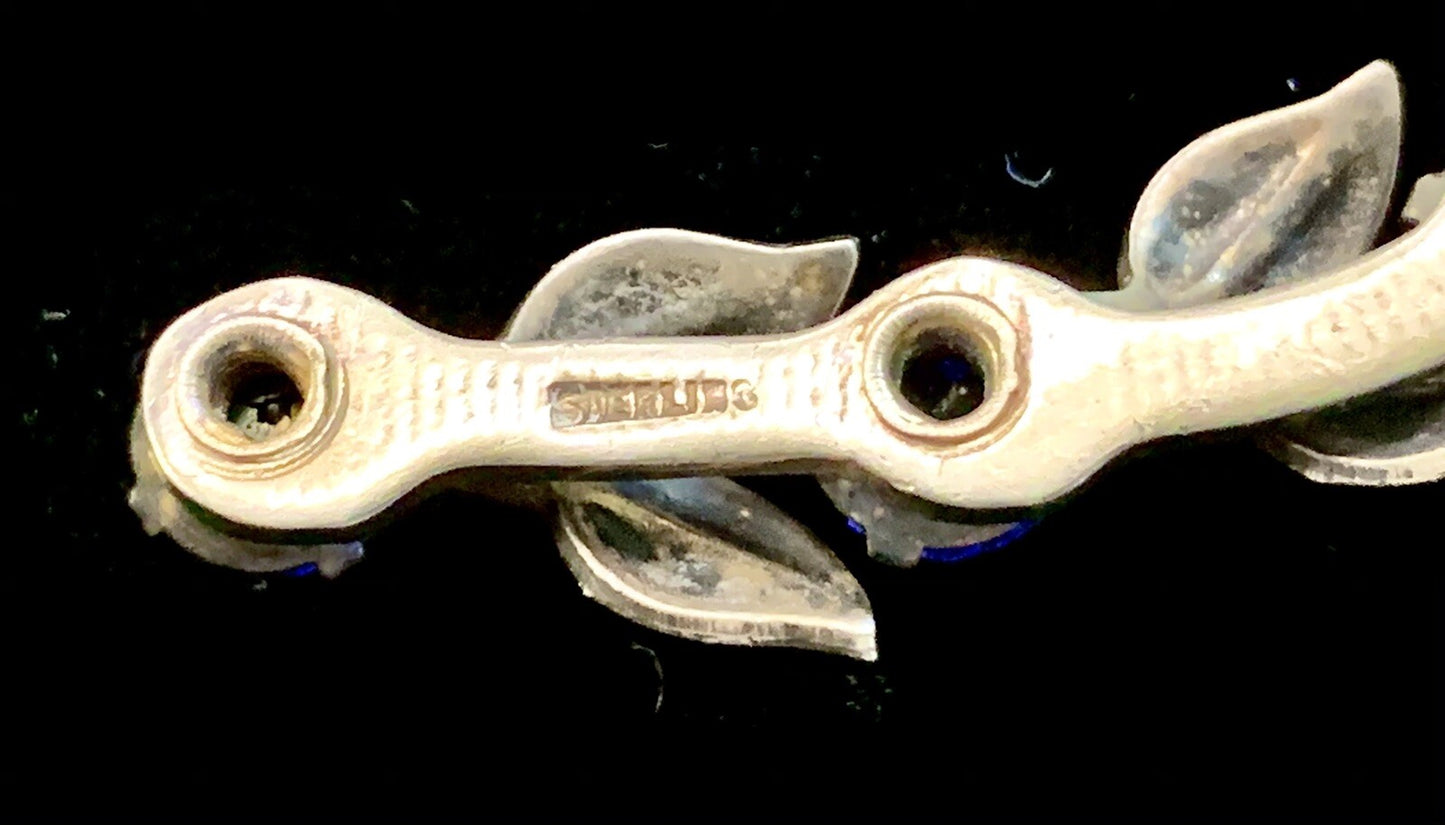 Vtg  Sterling Silver Horseshoe Faux Sappphire Stones Leaves Brooch Pin 7.8 gr