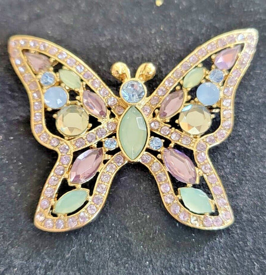 Butterfly Openwork  Amythest Peridot Crystals NAPIER Vintage Gold Brooch